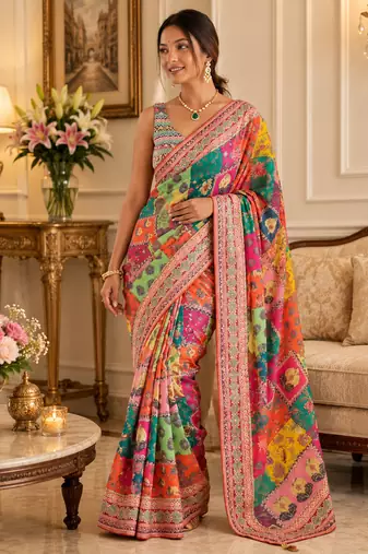 Silk Blend Saree With Print And Real Mirror Work