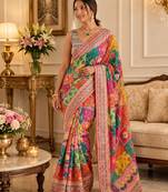 Silk Blend Saree With Print And Real Mirror Work