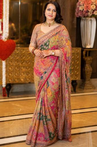 Silk Blend Saree With Print And Real Mirror Work
