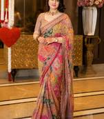 Silk Blend Saree With Print And Real Mirror Work