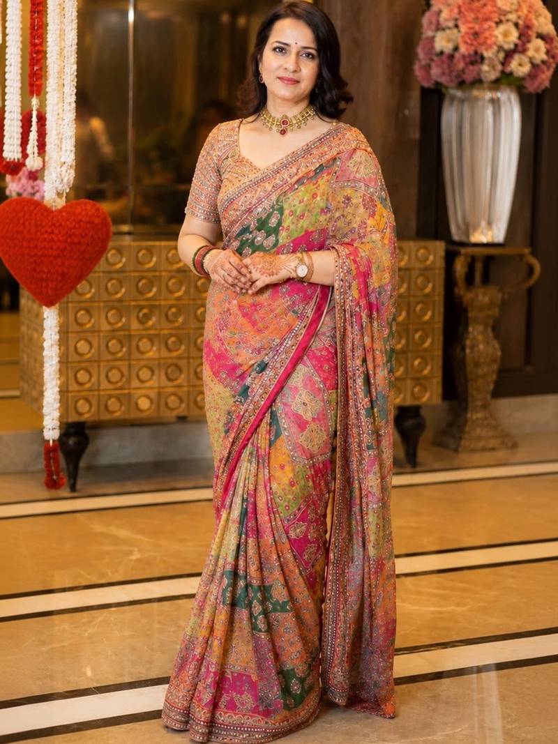 Silk Blend Saree With Print And Real Mirror Work
