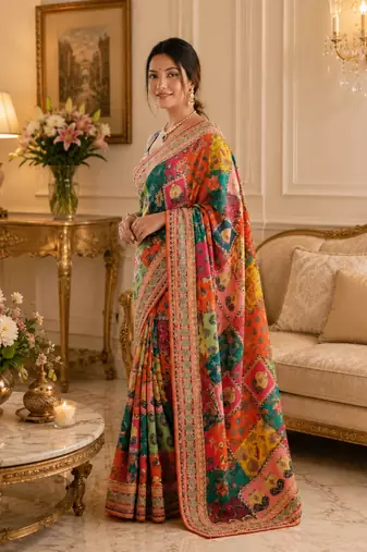 Silk Blend Saree With Print And Real Mirror Work