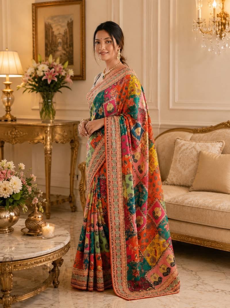 Silk Blend Saree With Print And Real Mirror Work