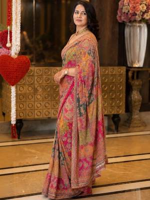 Silk Blend Saree With Print And Real Mirror Work 2