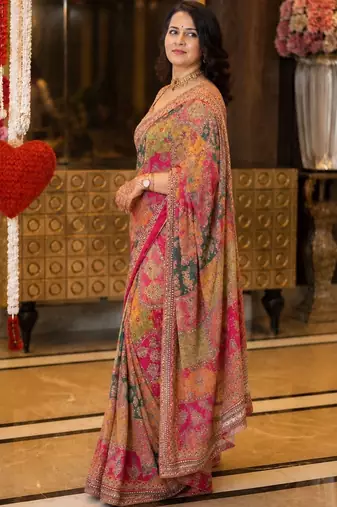 Silk Blend Saree With Print And Real Mirror Work