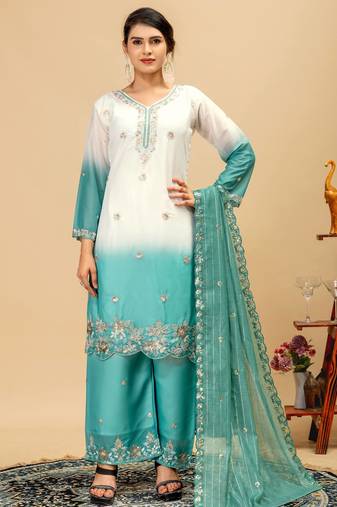 Turquoise embroidered palazzo pants