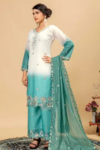 Turquoise embroidered palazzo pants