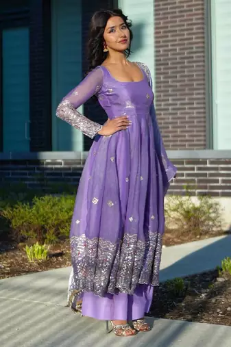 lavender purple anarkali kurti with embroidered border & matching palazzo set