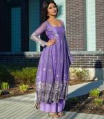 lavender purple anarkali kurti with embroidered border & matching palazzo set
