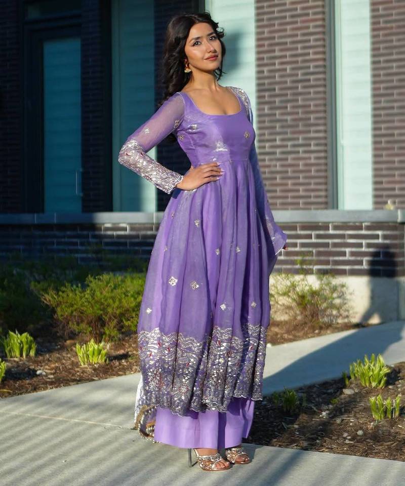 lavender purple anarkali kurti with embroidered border & matching palazzo set
