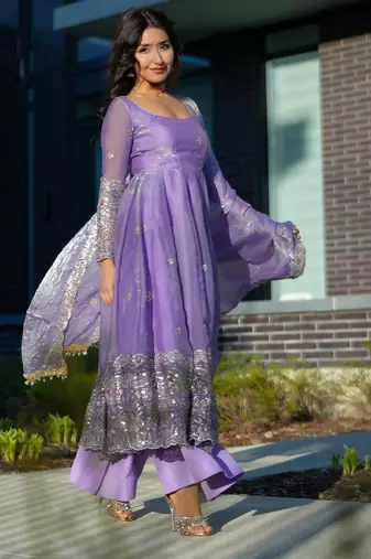 lavender purple anarkali kurti with embroidered border & matching palazzo set