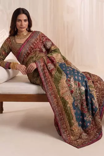 Multicolor silk blend saree with mirror work