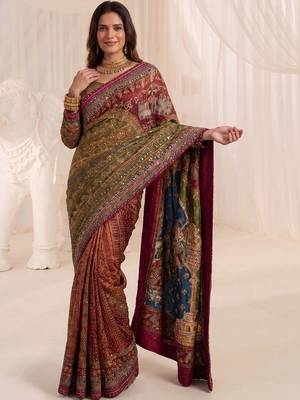 Multicolor silk blend saree with mirror work 2