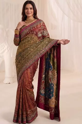 Multicolor silk blend saree with mirror work