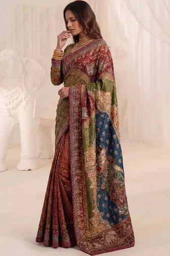 Multicolor silk blend saree with mirror work