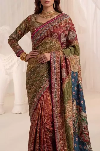 Multicolor silk blend saree with mirror work