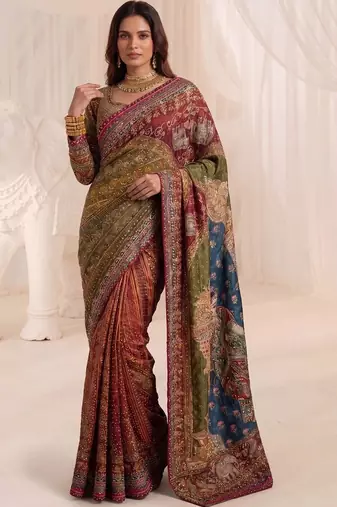 Multicolor silk blend saree with mirror work