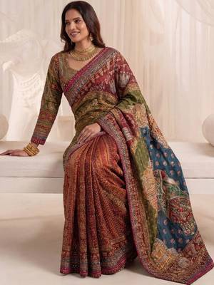 Multicolor silk blend saree with mirror work 6