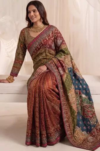 Multicolor silk blend saree with mirror work
