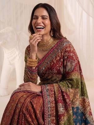 Multicolor silk blend saree with mirror work 7