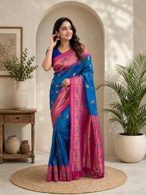 blue color zari weaves and meenakari work in border having contrast pallu silk blend saree 1