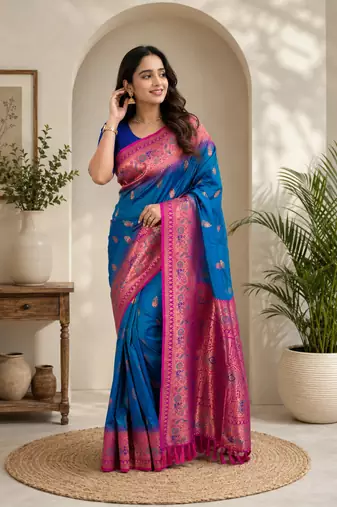 blue color zari weaves and meenakari work in border having contrast pallu silk blend saree