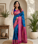 blue color zari weaves and meenakari work in border having contrast pallu silk blend saree