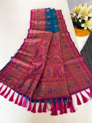 blue color zari weaves and meenakari work in border having contrast pallu silk blend saree 3