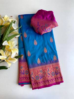 blue color zari weaves and meenakari work in border having contrast pallu silk blend saree 4