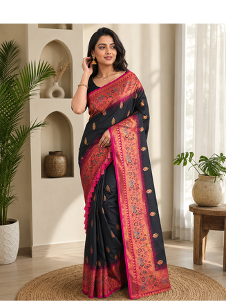 black color zari weaves and meenakari work in border having contrast pallu silk blend saree 1