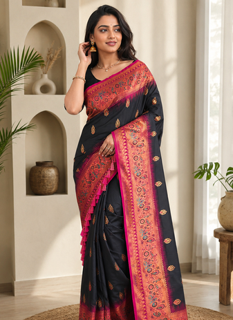 black color zari weaves and meenakari work in border having contrast pallu silk blend saree