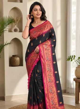 black color zari weaves and meenakari work in border having contrast pallu silk blend saree
