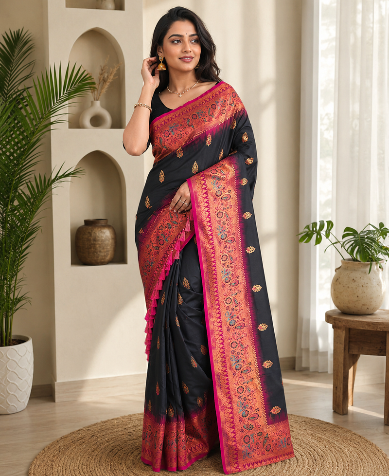 black color zari weaves and meenakari work in border having contrast pallu silk blend saree