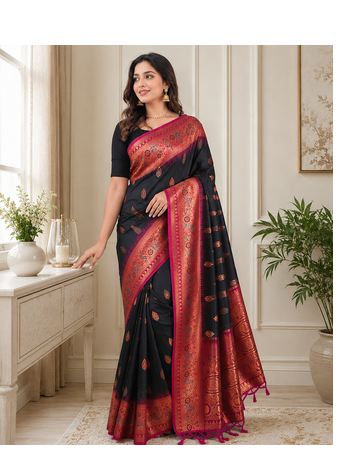 black color zari weaves and meenakari work in border having contrast pallu silk blend saree 2