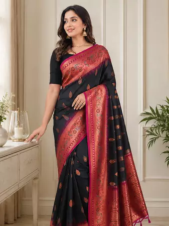 black color zari weaves and meenakari work in border having contrast pallu silk blend saree