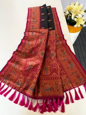 black color zari weaves and meenakari work in border having contrast pallu silk blend saree 3