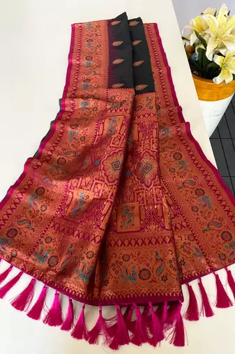 black color zari weaves and meenakari work in border having contrast pallu silk blend saree