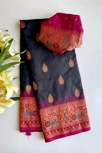 black color zari weaves and meenakari work in border having contrast pallu silk blend saree