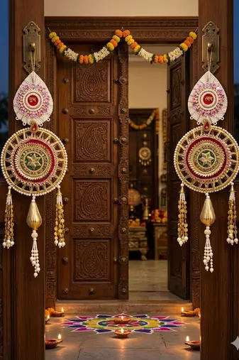 shubh labh door hanging for home   handmade pearl & beaded decorative hanging decoration (pack of 2)