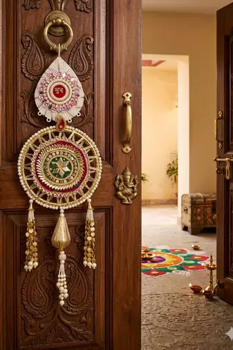 shubh labh door hanging for home   handmade pearl & beaded decorative hanging decoration (pack of 2)