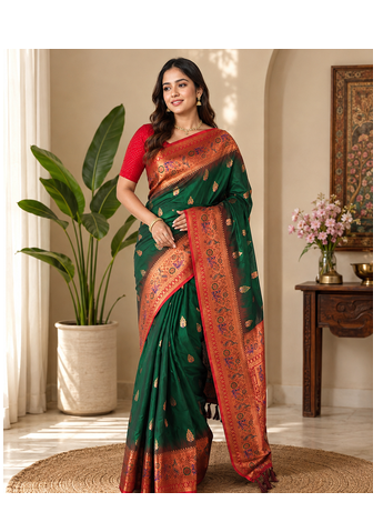 dark green color zari weaves and meenakari work in border having contrast pallu silk blend saree 1