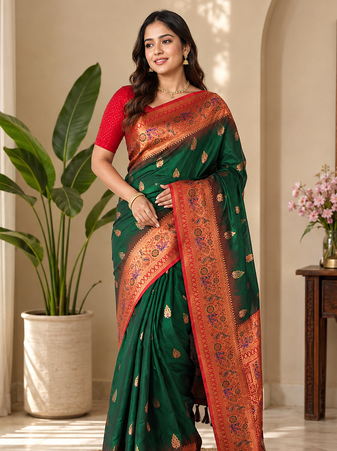 dark green color zari weaves and meenakari work in border having contrast pallu silk blend saree