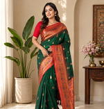 dark green color zari weaves and meenakari work in border having contrast pallu silk blend saree