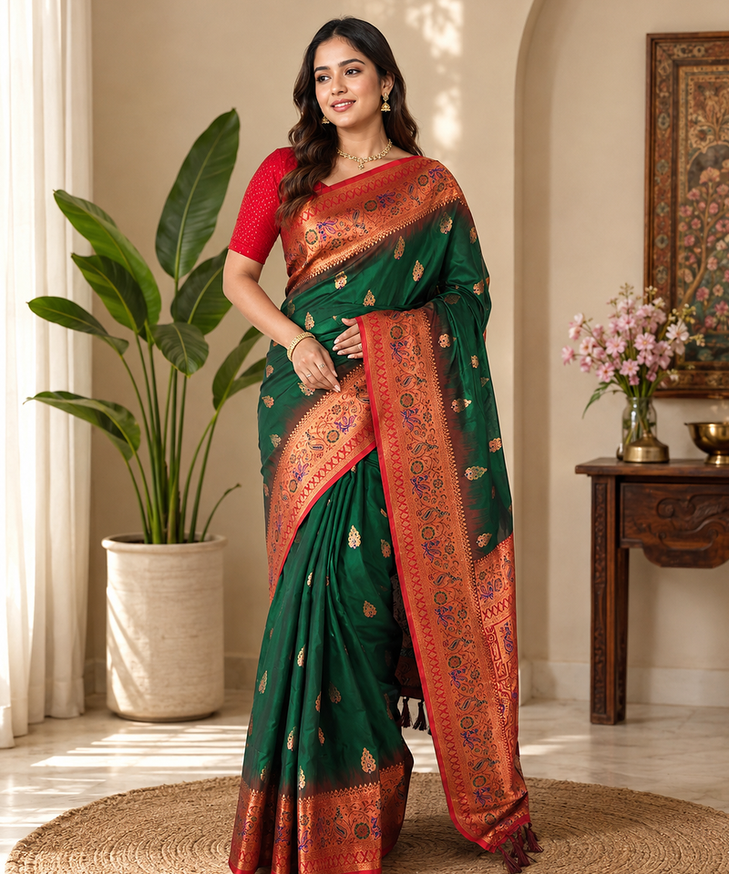 dark green color zari weaves and meenakari work in border having contrast pallu silk blend saree