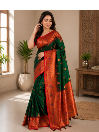 dark green color zari weaves and meenakari work in border having contrast pallu silk blend saree 2
