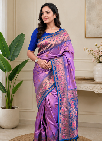 lavender color zari weaves and meenakari work in border having contrast pallu silk blend saree