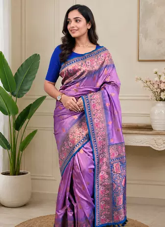 lavender color zari weaves and meenakari work in border having contrast pallu silk blend saree