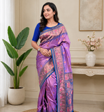 lavender color zari weaves and meenakari work in border having contrast pallu silk blend saree