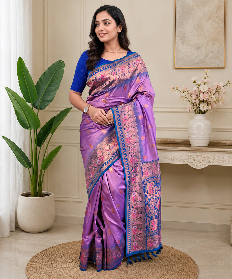 lavender color zari weaves and meenakari work in border having contrast pallu silk blend saree