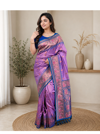 lavender color zari weaves and meenakari work in border having contrast pallu silk blend saree 2